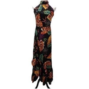 XIX Palms Gatsby Black Dress Size L 4 Rayon Floral Palm Maxi Halter Tie Neck
